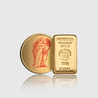 Goldmünze und Goldbarren